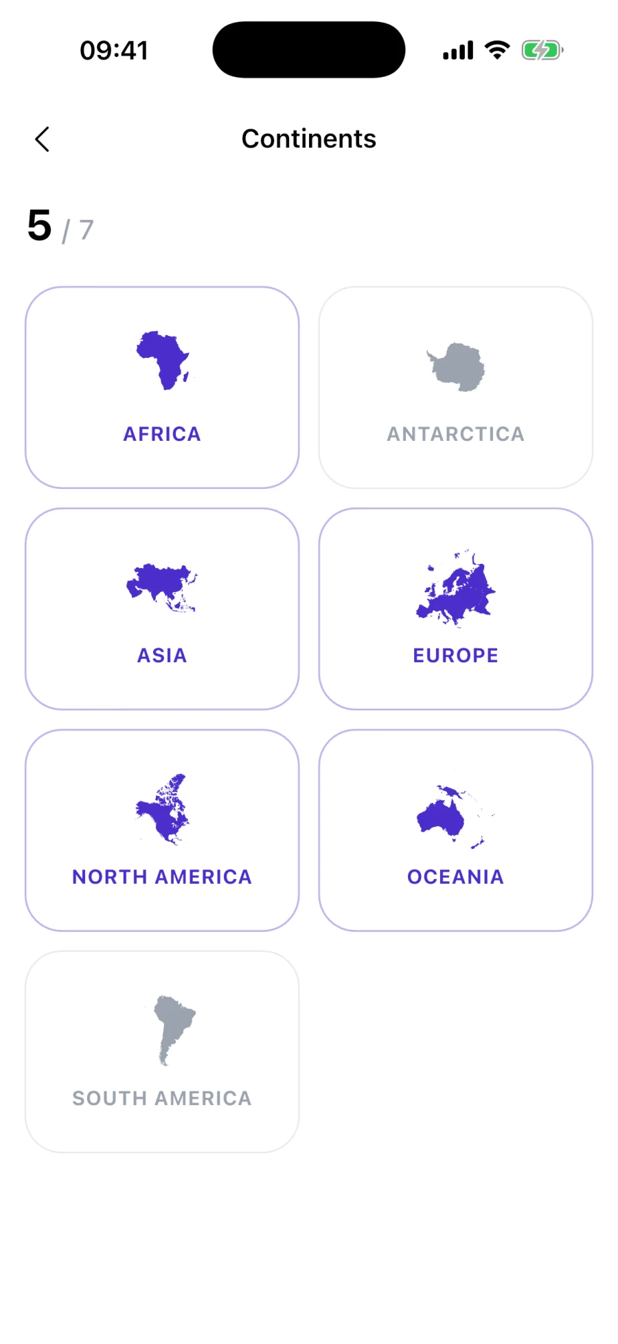Real TRACE Continents detail screen in English showing five of seven continents, including Antarctica, North America, South America and Oceania