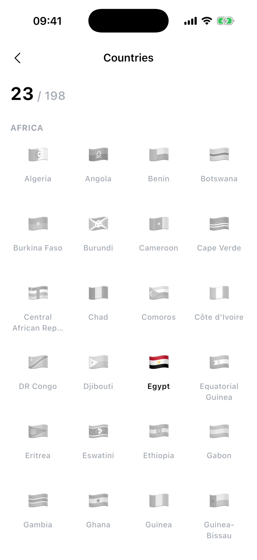 Real TRACE Countries detail screen in English showing 23 of 198 countries and the country progress grid