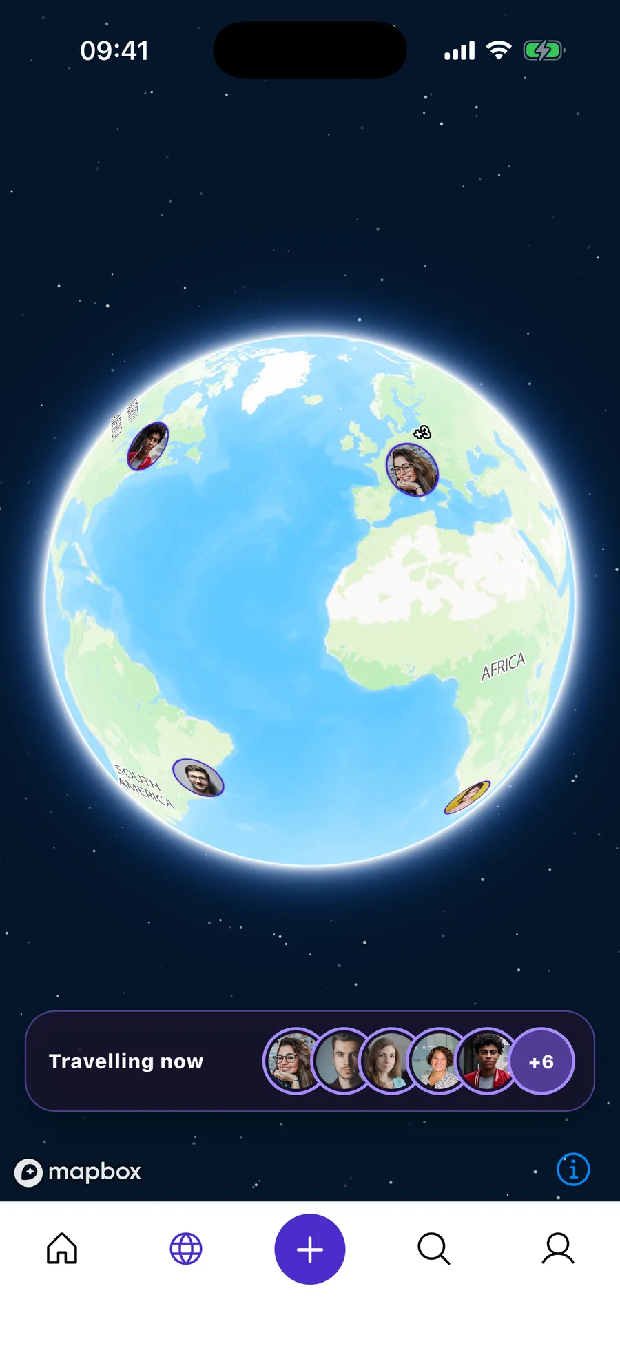 TRACE demo Now globe with app-generated markers for fictional travel profiles and the travelling-now people strip