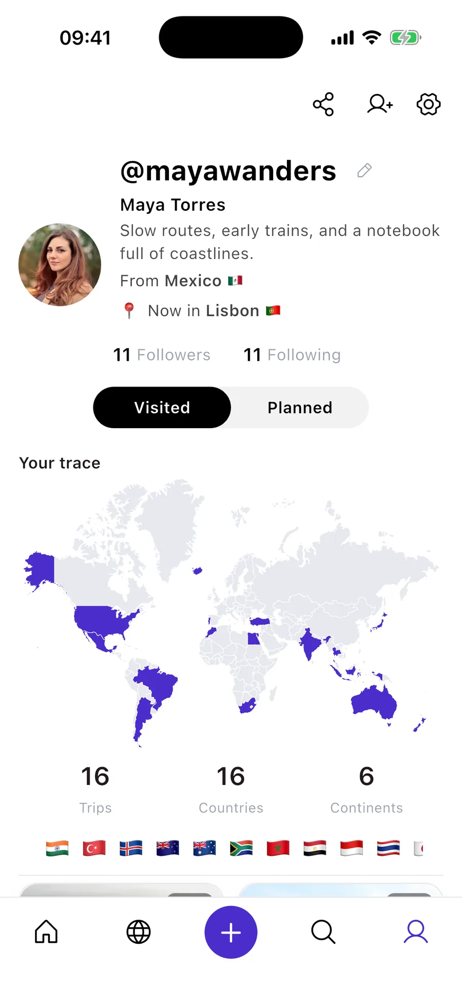 Complete TRACE demo travel profile for fictional Maya Torres, with identity, Past map, and trip, country, and continent totals