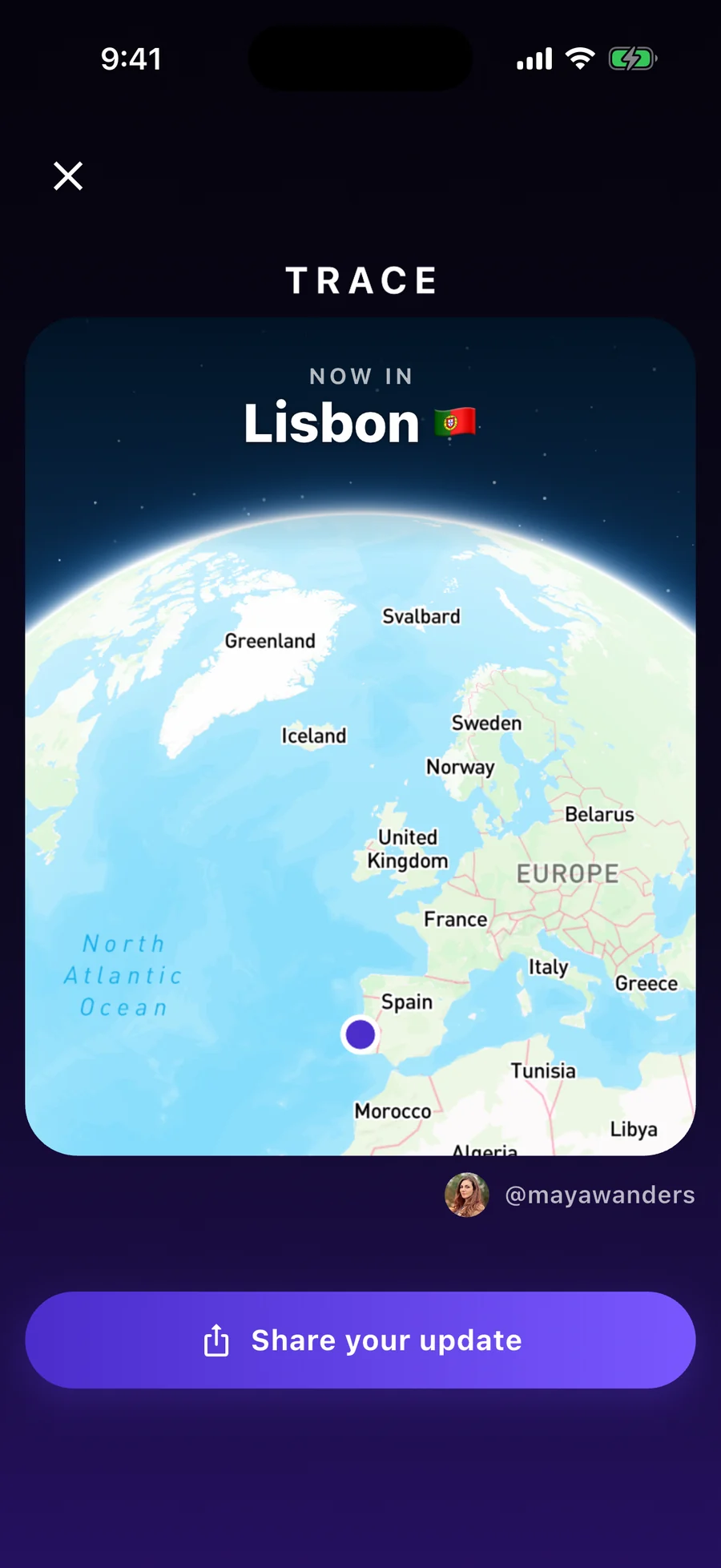 Real TRACE Now Share screen for Lisbon, with the approved 4:5 globe card and native purple Mapbox marker