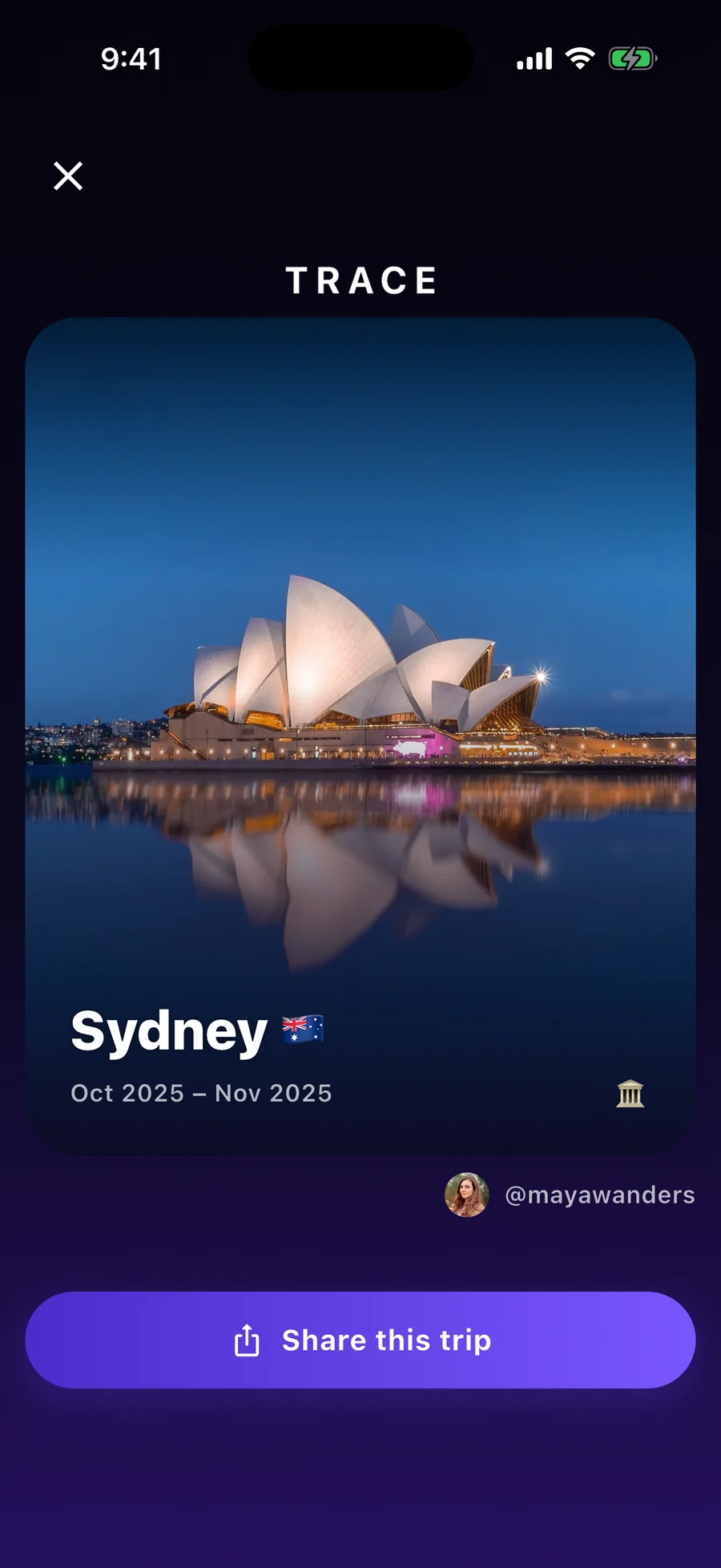 Real TRACE Past Share screen for a Sydney trip, with the approved 4:5 photo card and original author attribution