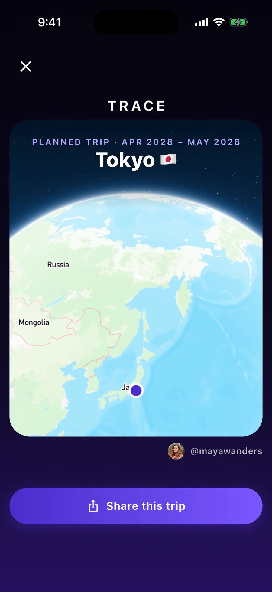 Real TRACE Planned Share screen for Tokyo, with the approved 4:5 globe card and native purple Mapbox marker
